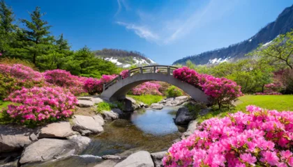 Gardinen Beautiful serene flower garden with blooming pink azaleas and concrete bridge over stream  summer time with clear blue sky © Daniel Amevor