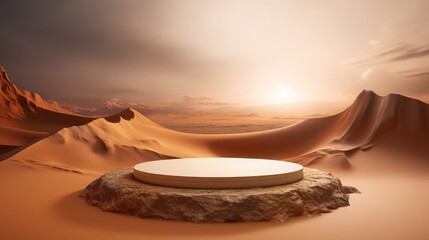 Sand dunes are the background for the abstract platform podium. premium podium with stone pedestal