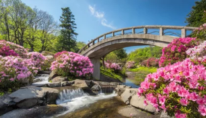  Beautiful serene flower garden with blooming pink azaleas and concrete bridge over stream  summer time with clear blue sky © Daniel Amevor