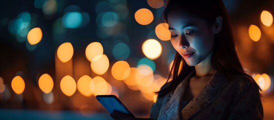 Businesswoman using smartphone at night with bokeh lights for networking and communication idea. - obrazy, fototapety, plakaty