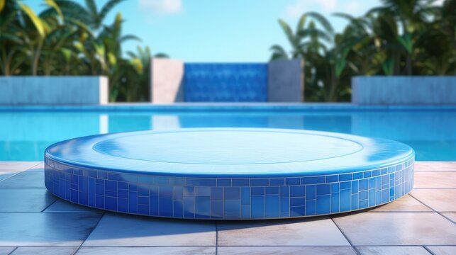 Round product presentation podium with blue mosaic tiles against a background of a pool scene