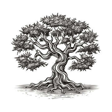 olive tree woodcut style drawing vector