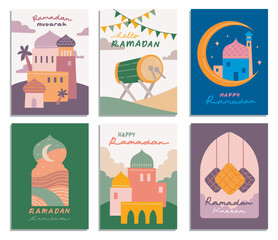 Set of Ramadan Card in Flat Style Illustration, Eid Al Fitr Celebration - 726073216