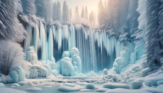 Frozen waterfalls or icicles in a winter wonderland setting, with the main part of the image featuring a plain color suitable for a background.