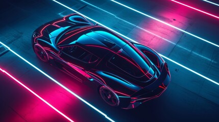 Topdown view of neon lines following the curves of the cars roof adding a dynamic and modern...
