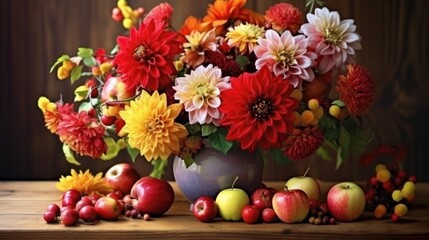 Obraz na płótnie Canvas Autumn still life with garden flowers. Beautiful autumnal bouquet in vase, apples and berries on wooden table. Colorful dahlia and chrysanthemum.