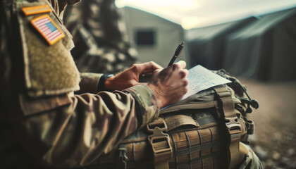 A soldier's hand writing a letter home, seated on a military pack.