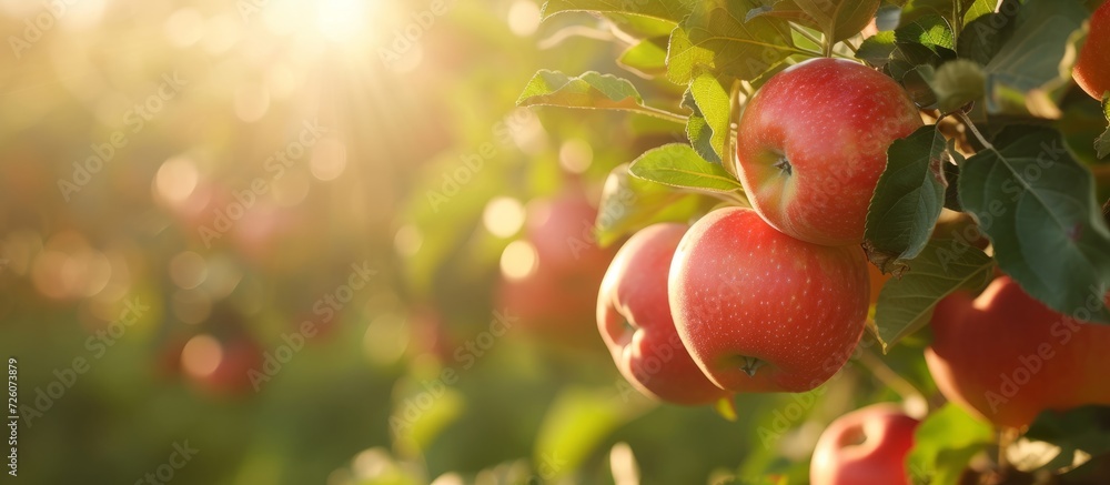 Canvas Prints sunlight filters through foliage onto ripe apples in orchard with shallow focus.