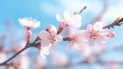 Beautiful floral spring abstract background of nature. Branches of blossoming apricot macro with soft focus on gentle light blue sky background
