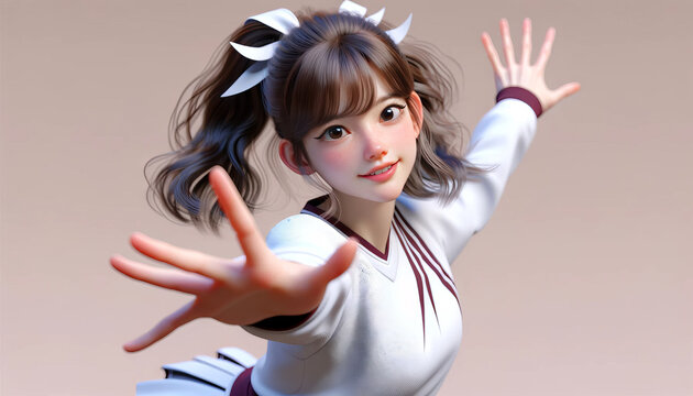 A photorealistic image of a cheerleader in mid-action, with a 16_9 ratio.