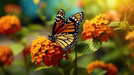 Obraz premium Beautiful image in nature of monarch butterfly on lantana flower.