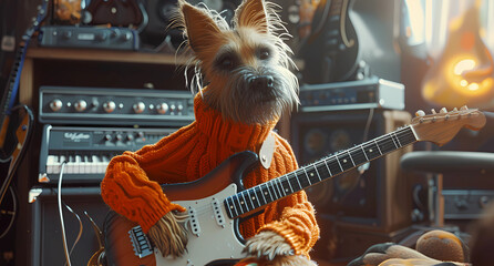 a dog an orange sweater with a guitar