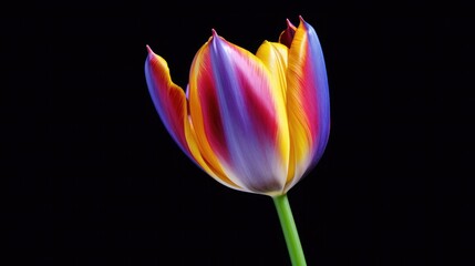 Beautiful multicolor tulip with stem isolated on black background, yellow pollen, white, blue, purple colors