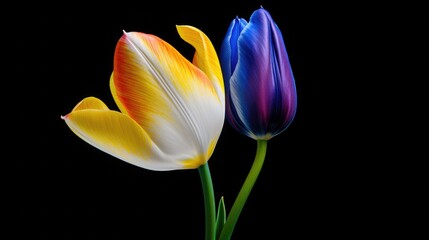 Beautiful multicolor tulip with stem isolated on black background, yellow pollen, white, blue, purple colors