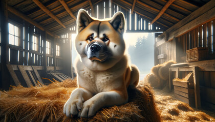 A photo-realistic image of an Akita in a rural or rustic environment, like a barn or a farm.