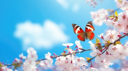 blossoming sakura. branch of blossoming sakura and bright blue morpho butterfly against blue sky. copy space