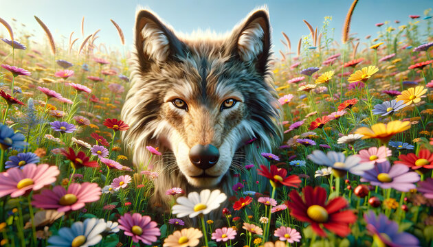 A photorealistic image of a portrait of an Aidi in a field of flowers.