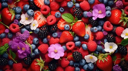 Colorful background from garden of flowers and berries