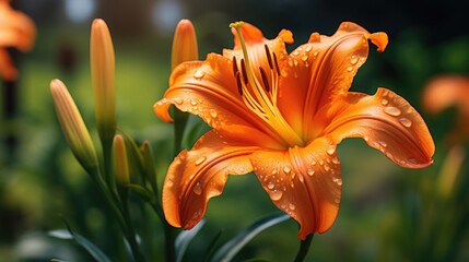 Close up of single, orange colored, blooming daylily flower
