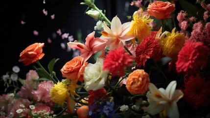 Colorful flowers against a black background in a studio environment