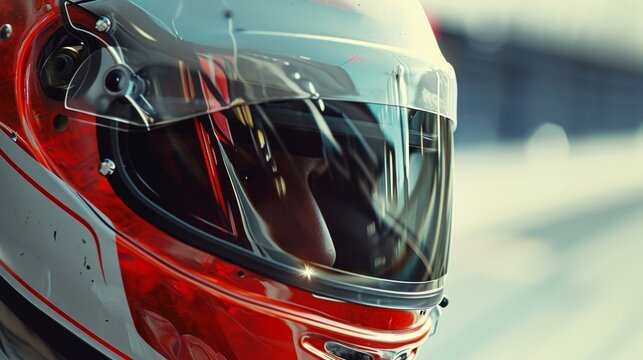 A closeup of a drag racers helmet as they lower their visor their eyes focused and determined.