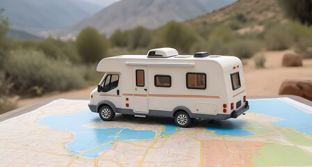 Toy camper van over map on the beach, travel concept