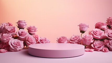 Garden rose floral summer background ,  Podium background flower rose product pink 3d spring table beauty stand display nature white , podium  cosmetic field scene gift purple