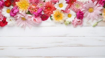 Flowers frame on white wooden background. Top view with copy space