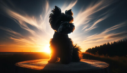 A high-resolution, photorealistic image of an Affenpinscher dog's silhouette against a beautiful sunset.