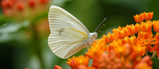 Cabbage White Butterfly on Butterfly Weed's Orange Bloom in Close-up. - Powered by Adobe
