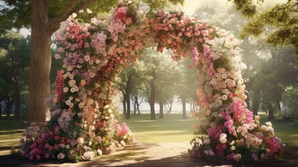 Fototapeta na wymiar Italian floral arch with colorful flowers. Chrysanthemums, gerberas, roses, peonies, hanging flowers tied with ribbons. In the background is a large tree.