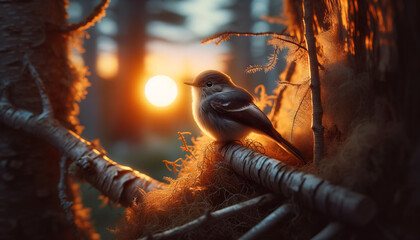 A photorealistic image of an Acadian Flycatcher settling down in its habitat as the sun sets, creating an evening roost scene. - obrazy, fototapety, plakaty