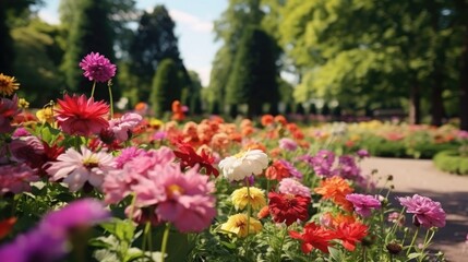 Multi-colored flower bed in the park. Lots of beautiful summer flowers. Lush bright flowering in the garden