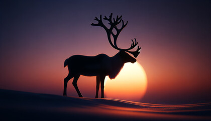 A close to medium shot, photo-realistic image of a reindeer silhouette against a backdrop of a winter sunset.