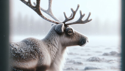 A close to medium shot, photo-realistic image of a reindeer with snowflakes on its fur.