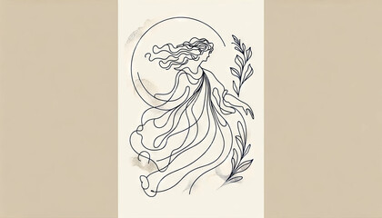 A minimalist line art representation of Aphrodite, created in a whimsical, animated art style.