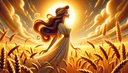 A whimsical, animated art style depiction of Demeter, the Greek goddess of agriculture, standing tall in a field of golden wheat.