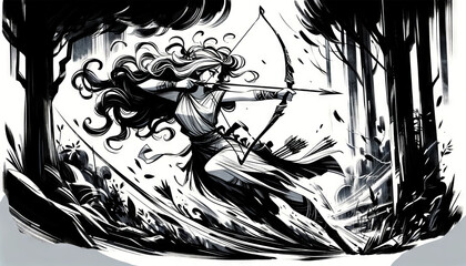 A whimsical, animated art style depiction of a black and white ink sketch of Artemis in a dynamic hunting scene.