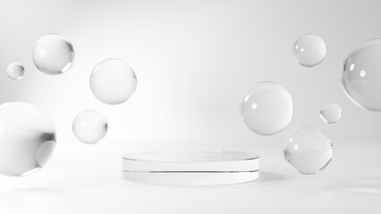 白背景に透明な球体のガラスと円形の台座。3D（横長）