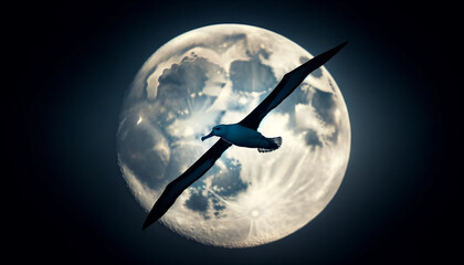 Albatross flying against a full moon, creating a mystical, night-themed image.