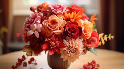 Red pink orange Autumn Colorful fall bouquet. Beautiful flower composition with autumn orange and red flowers