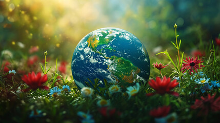 Vibrant image of Earth amidst colorful flowers representing environmental conservation, suitable for Earth Day themes. - obrazy, fototapety, plakaty