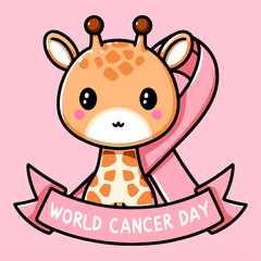 World Cancer Day. Cute Giraffe with ribbon. Vector illustration.