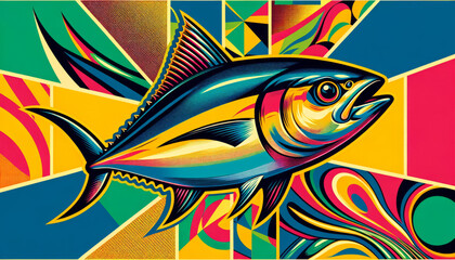 A pop art style image featuring bold colors and Albacore tuna motifs.