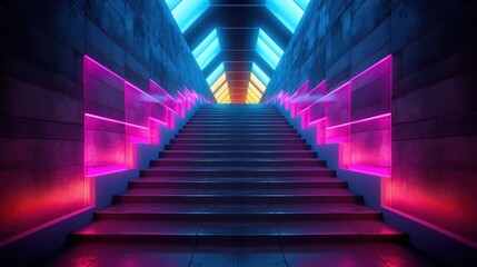 Abstract Neon Interior: Futuristic design with colorful neon vibes, staircase leading to the void
