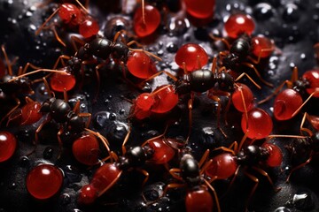 Ants savoring nectar, observed from a top view.