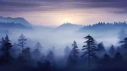 At twilight, the foggy pine forests are nature's lullaby, with the sun's serene serenade painting indigo and amethyst shades