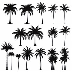 Collection of black palm tree illustrations on a white background.