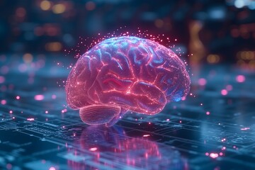 Explore the depths of neuroscience with a captivating human brain hologram study. Background with selective focus and ample copy space for your projects.