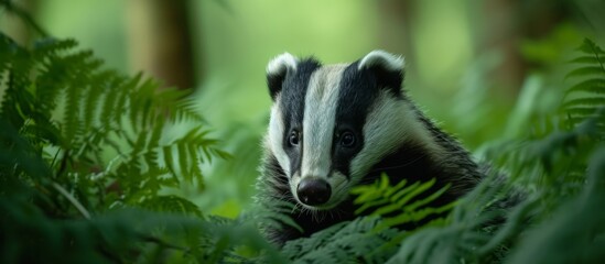 Close-up portrait of a badger in a Scottish forest, framed by green bracken on a warm July evening.
